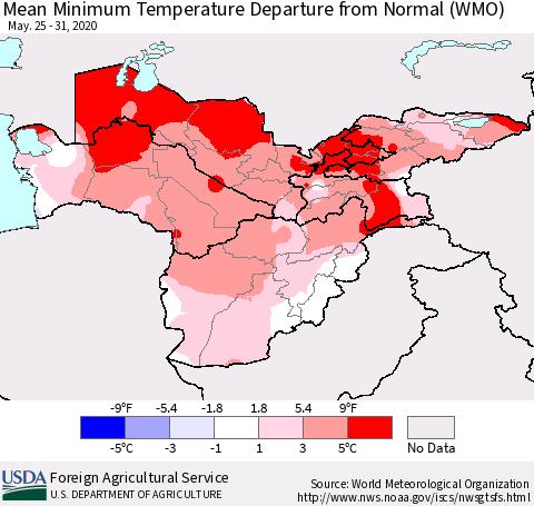 Central Asia Mean Minimum Temperature Departure from Normal (WMO) Thematic Map For 5/25/2020 - 5/31/2020