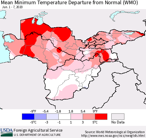 Central Asia Mean Minimum Temperature Departure from Normal (WMO) Thematic Map For 6/1/2020 - 6/7/2020