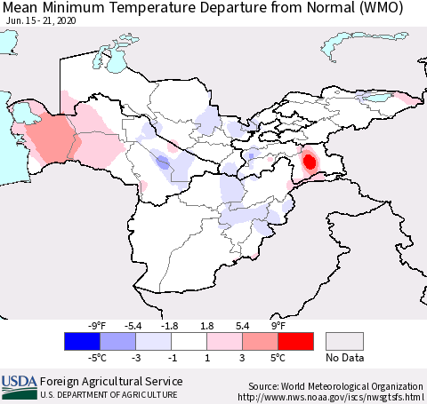 Central Asia Mean Minimum Temperature Departure from Normal (WMO) Thematic Map For 6/15/2020 - 6/21/2020
