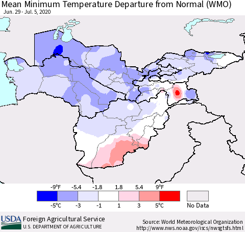 Central Asia Mean Minimum Temperature Departure from Normal (WMO) Thematic Map For 6/29/2020 - 7/5/2020