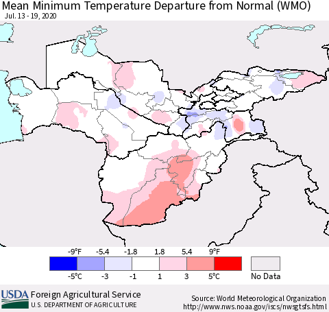 Central Asia Mean Minimum Temperature Departure from Normal (WMO) Thematic Map For 7/13/2020 - 7/19/2020