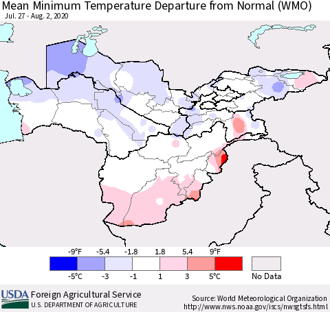 Central Asia Mean Minimum Temperature Departure from Normal (WMO) Thematic Map For 7/27/2020 - 8/2/2020