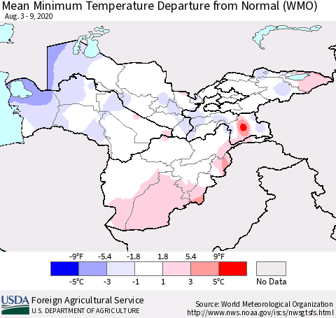 Central Asia Mean Minimum Temperature Departure from Normal (WMO) Thematic Map For 8/3/2020 - 8/9/2020
