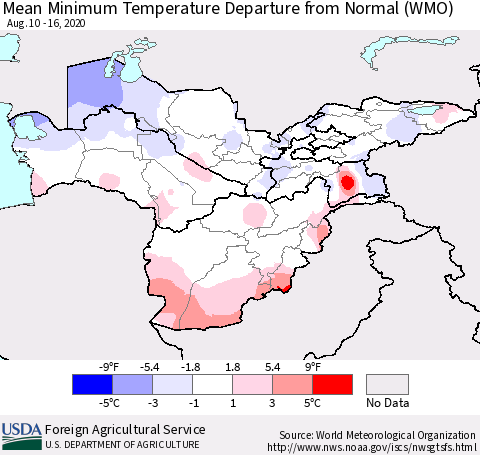 Central Asia Mean Minimum Temperature Departure from Normal (WMO) Thematic Map For 8/10/2020 - 8/16/2020