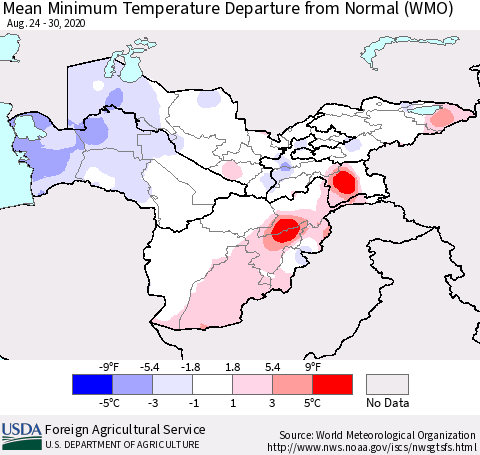 Central Asia Mean Minimum Temperature Departure from Normal (WMO) Thematic Map For 8/24/2020 - 8/30/2020