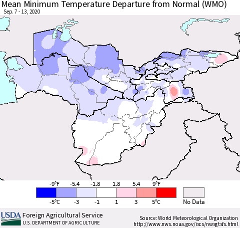 Central Asia Mean Minimum Temperature Departure from Normal (WMO) Thematic Map For 9/7/2020 - 9/13/2020