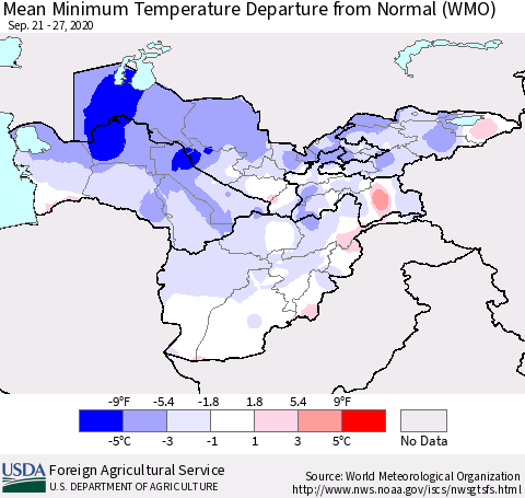 Central Asia Mean Minimum Temperature Departure from Normal (WMO) Thematic Map For 9/21/2020 - 9/27/2020