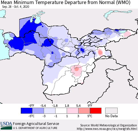 Central Asia Mean Minimum Temperature Departure from Normal (WMO) Thematic Map For 9/28/2020 - 10/4/2020