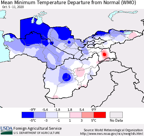 Central Asia Mean Minimum Temperature Departure from Normal (WMO) Thematic Map For 10/5/2020 - 10/11/2020