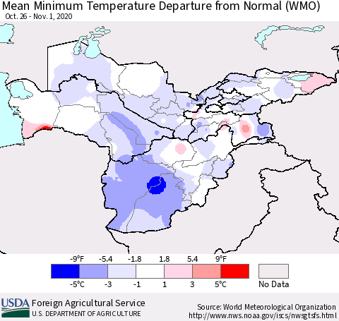 Central Asia Mean Minimum Temperature Departure from Normal (WMO) Thematic Map For 10/26/2020 - 11/1/2020