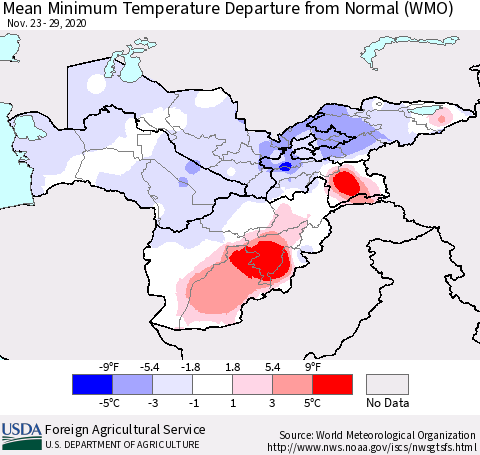 Central Asia Mean Minimum Temperature Departure from Normal (WMO) Thematic Map For 11/23/2020 - 11/29/2020
