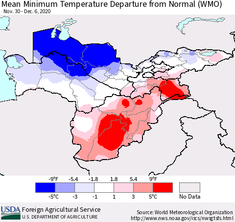 Central Asia Mean Minimum Temperature Departure from Normal (WMO) Thematic Map For 11/30/2020 - 12/6/2020
