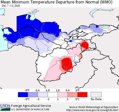 Central Asia Mean Minimum Temperature Departure from Normal (WMO) Thematic Map For 12/7/2020 - 12/13/2020