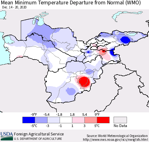 Central Asia Mean Minimum Temperature Departure from Normal (WMO) Thematic Map For 12/14/2020 - 12/20/2020