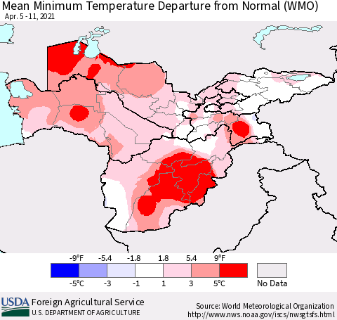 Central Asia Mean Minimum Temperature Departure from Normal (WMO) Thematic Map For 4/5/2021 - 4/11/2021