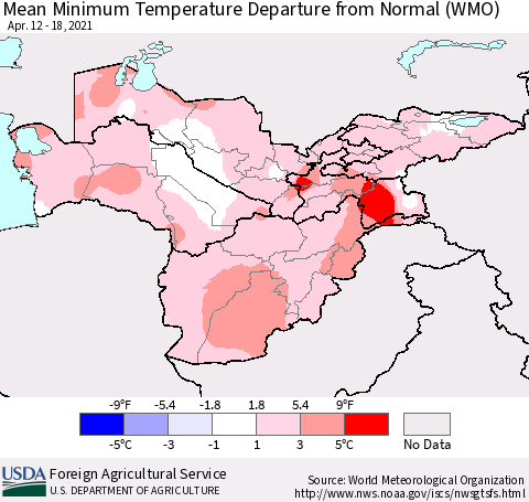 Central Asia Mean Minimum Temperature Departure from Normal (WMO) Thematic Map For 4/12/2021 - 4/18/2021