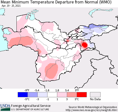 Central Asia Mean Minimum Temperature Departure from Normal (WMO) Thematic Map For 4/19/2021 - 4/25/2021
