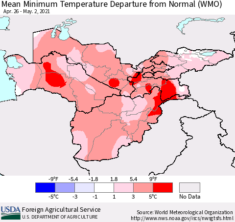 Central Asia Mean Minimum Temperature Departure from Normal (WMO) Thematic Map For 4/26/2021 - 5/2/2021