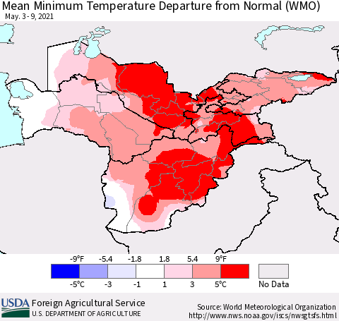 Central Asia Mean Minimum Temperature Departure from Normal (WMO) Thematic Map For 5/3/2021 - 5/9/2021
