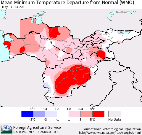 Central Asia Mean Minimum Temperature Departure from Normal (WMO) Thematic Map For 5/17/2021 - 5/23/2021