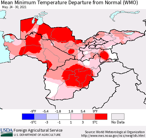 Central Asia Mean Minimum Temperature Departure from Normal (WMO) Thematic Map For 5/24/2021 - 5/30/2021
