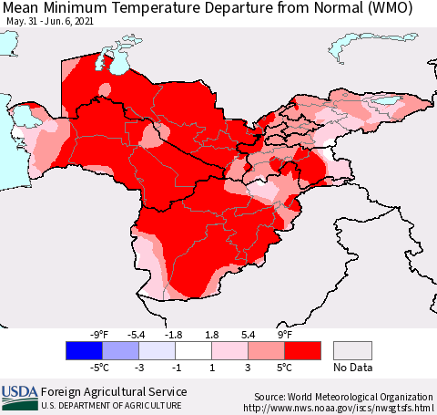 Central Asia Mean Minimum Temperature Departure from Normal (WMO) Thematic Map For 5/31/2021 - 6/6/2021