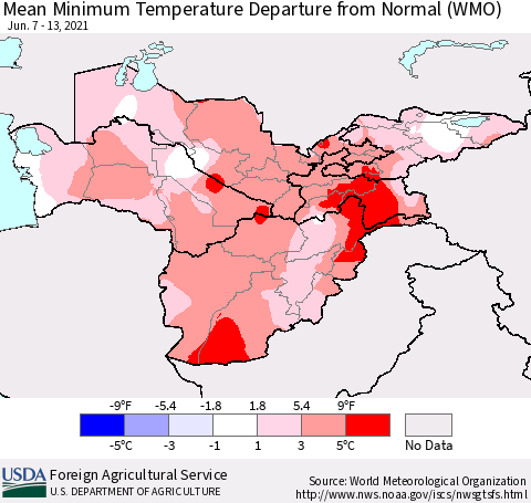 Central Asia Mean Minimum Temperature Departure from Normal (WMO) Thematic Map For 6/7/2021 - 6/13/2021