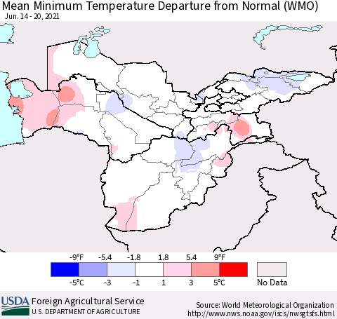 Central Asia Mean Minimum Temperature Departure from Normal (WMO) Thematic Map For 6/14/2021 - 6/20/2021