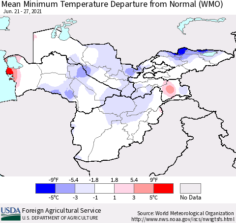Central Asia Mean Minimum Temperature Departure from Normal (WMO) Thematic Map For 6/21/2021 - 6/27/2021