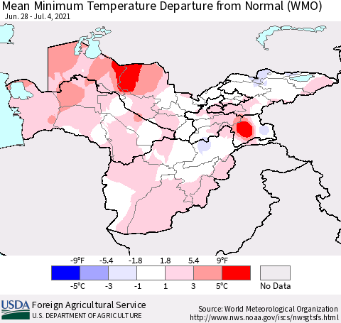 Central Asia Mean Minimum Temperature Departure from Normal (WMO) Thematic Map For 6/28/2021 - 7/4/2021