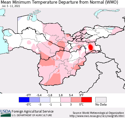 Central Asia Mean Minimum Temperature Departure from Normal (WMO) Thematic Map For 7/5/2021 - 7/11/2021