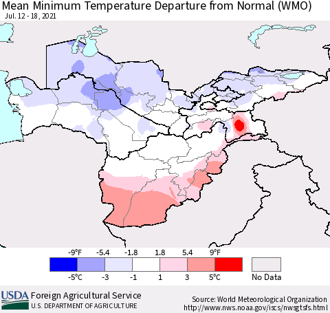 Central Asia Mean Minimum Temperature Departure from Normal (WMO) Thematic Map For 7/12/2021 - 7/18/2021