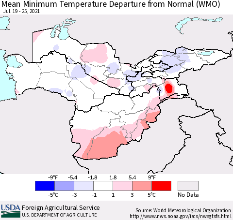 Central Asia Mean Minimum Temperature Departure from Normal (WMO) Thematic Map For 7/19/2021 - 7/25/2021