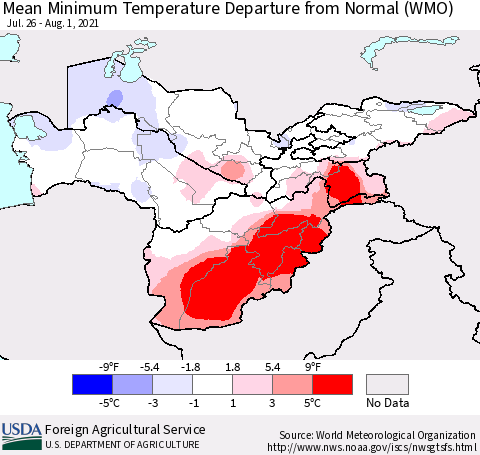 Central Asia Mean Minimum Temperature Departure from Normal (WMO) Thematic Map For 7/26/2021 - 8/1/2021