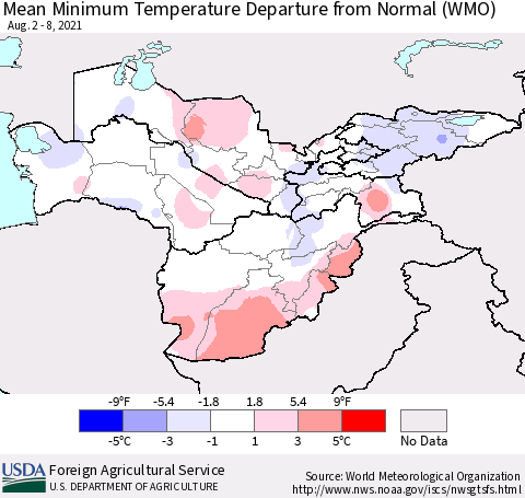 Central Asia Mean Minimum Temperature Departure from Normal (WMO) Thematic Map For 8/2/2021 - 8/8/2021