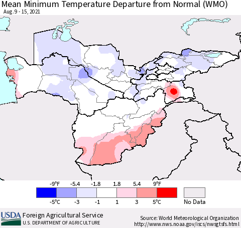 Central Asia Mean Minimum Temperature Departure from Normal (WMO) Thematic Map For 8/9/2021 - 8/15/2021