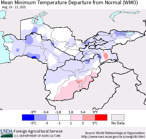 Central Asia Mean Minimum Temperature Departure from Normal (WMO) Thematic Map For 8/16/2021 - 8/22/2021