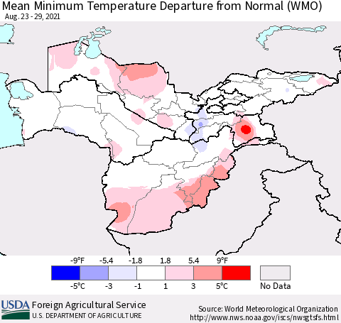 Central Asia Mean Minimum Temperature Departure from Normal (WMO) Thematic Map For 8/23/2021 - 8/29/2021