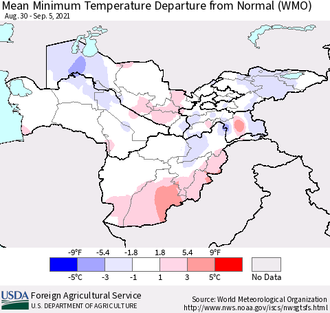 Central Asia Mean Minimum Temperature Departure from Normal (WMO) Thematic Map For 8/30/2021 - 9/5/2021