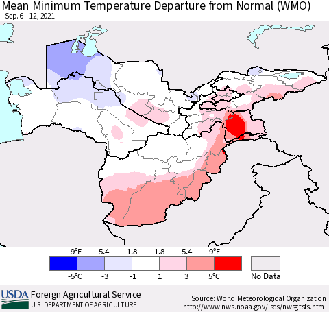 Central Asia Mean Minimum Temperature Departure from Normal (WMO) Thematic Map For 9/6/2021 - 9/12/2021