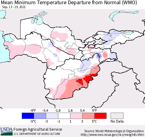 Central Asia Mean Minimum Temperature Departure from Normal (WMO) Thematic Map For 9/13/2021 - 9/19/2021
