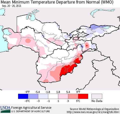 Central Asia Mean Minimum Temperature Departure from Normal (WMO) Thematic Map For 9/20/2021 - 9/26/2021