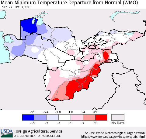 Central Asia Mean Minimum Temperature Departure from Normal (WMO) Thematic Map For 9/27/2021 - 10/3/2021