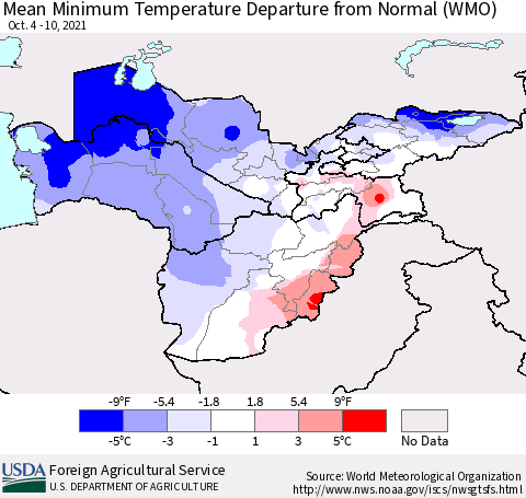 Central Asia Mean Minimum Temperature Departure from Normal (WMO) Thematic Map For 10/4/2021 - 10/10/2021