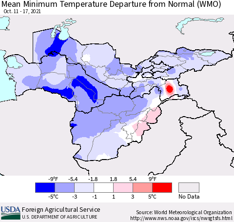 Central Asia Mean Minimum Temperature Departure from Normal (WMO) Thematic Map For 10/11/2021 - 10/17/2021