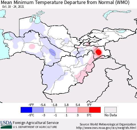 Central Asia Mean Minimum Temperature Departure from Normal (WMO) Thematic Map For 10/18/2021 - 10/24/2021