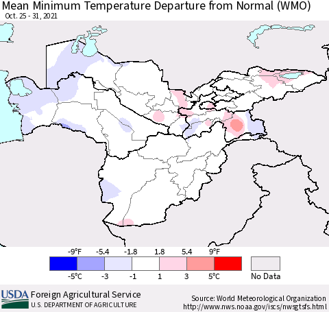 Central Asia Mean Minimum Temperature Departure from Normal (WMO) Thematic Map For 10/25/2021 - 10/31/2021