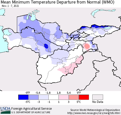 Central Asia Mean Minimum Temperature Departure from Normal (WMO) Thematic Map For 11/1/2021 - 11/7/2021
