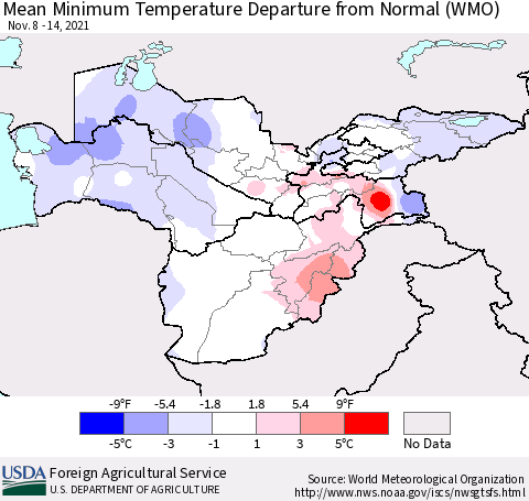 Central Asia Mean Minimum Temperature Departure from Normal (WMO) Thematic Map For 11/8/2021 - 11/14/2021