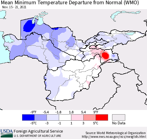 Central Asia Mean Minimum Temperature Departure from Normal (WMO) Thematic Map For 11/15/2021 - 11/21/2021